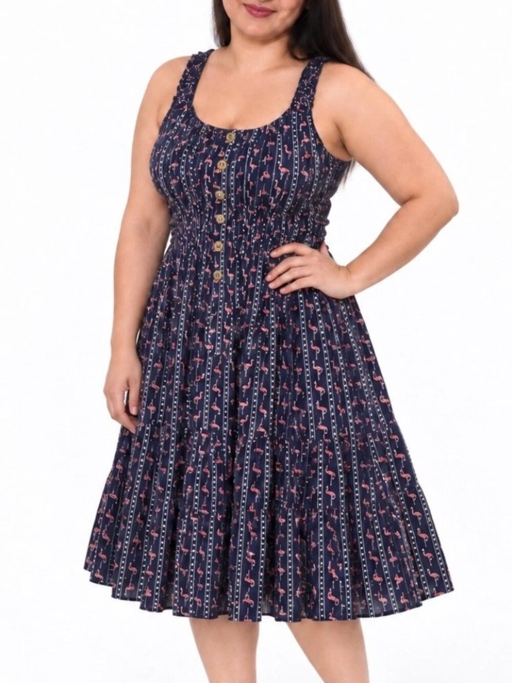 Simply Couture AOP Pink Flamingo Midi Dress Womens L AOP Smocked Cottagecore